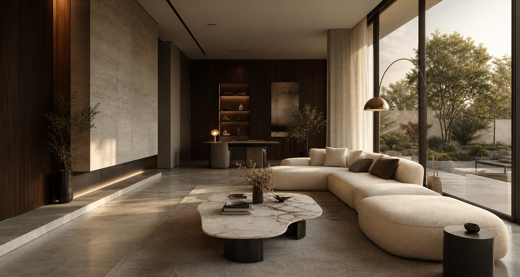 Không gian phòng khách luxury với ánh sáng tự nhiên, sofa trắng ngà, đá marble và gỗ walnut