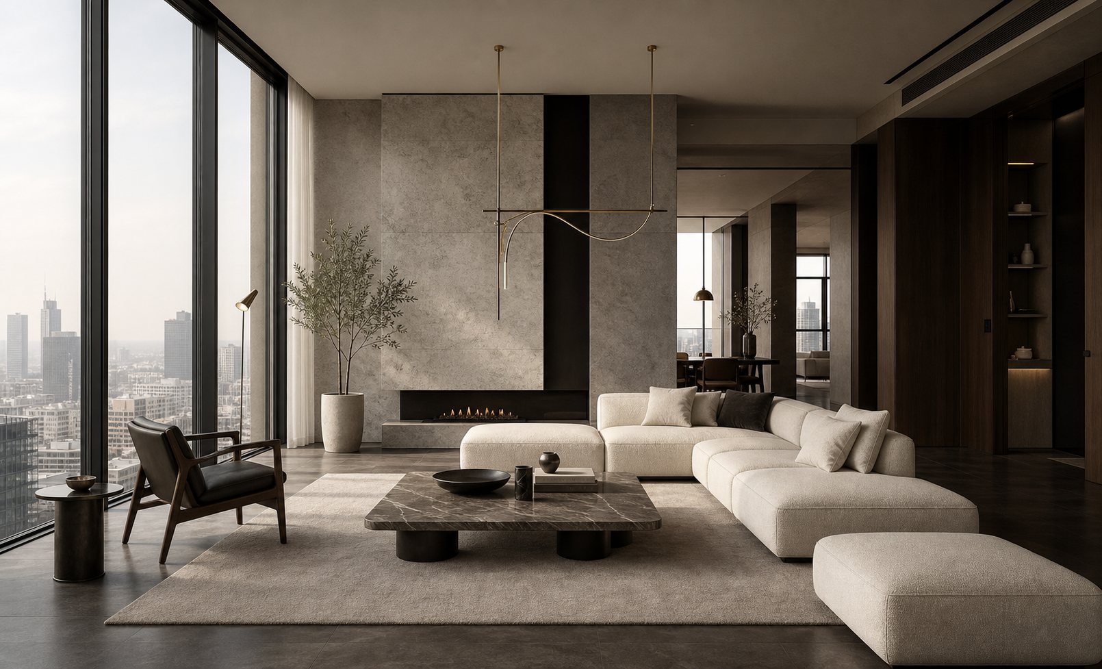 Minimal Penthouse với cửa kính panorama và nội thất đá xám sang trọng