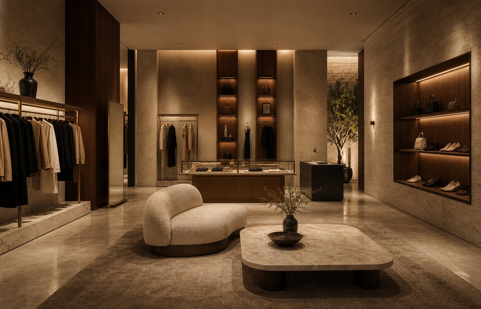 Luxury Retail Showroom với tường đá, gỗ walnut và ánh sáng champagne