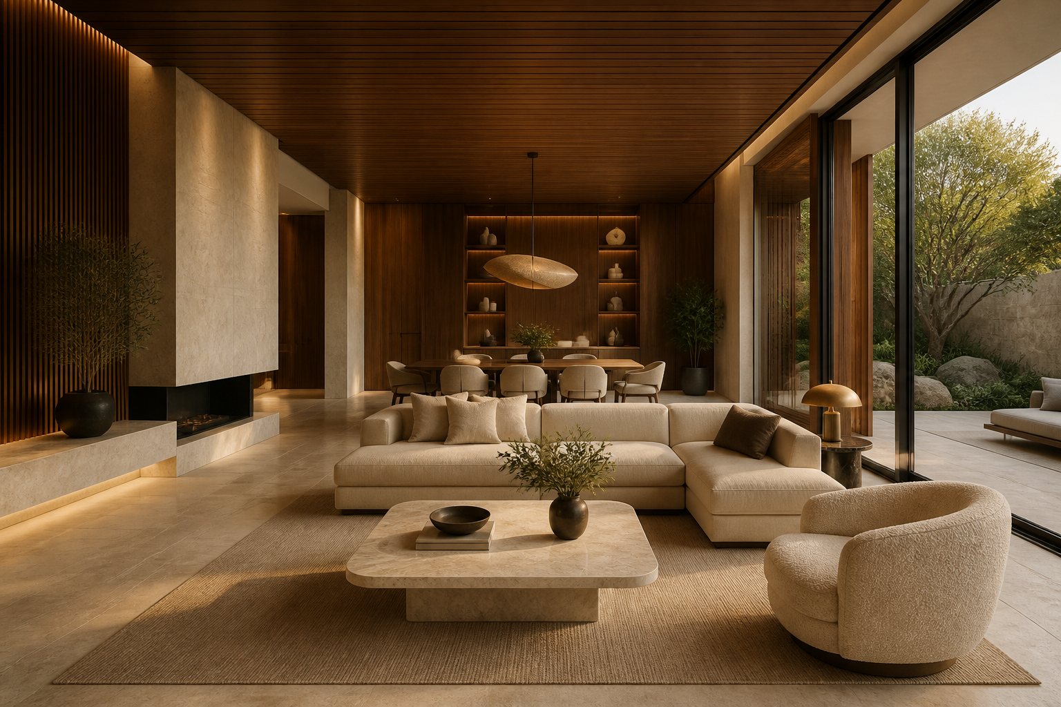 Warm Wood Villa với trần gỗ walnut và ánh sáng tự nhiên ấm